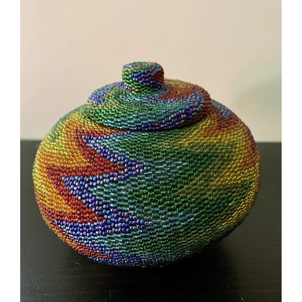 Antique Vtg Hand Woven Multicolor Beaded Rattan Basket Decorative Collectible